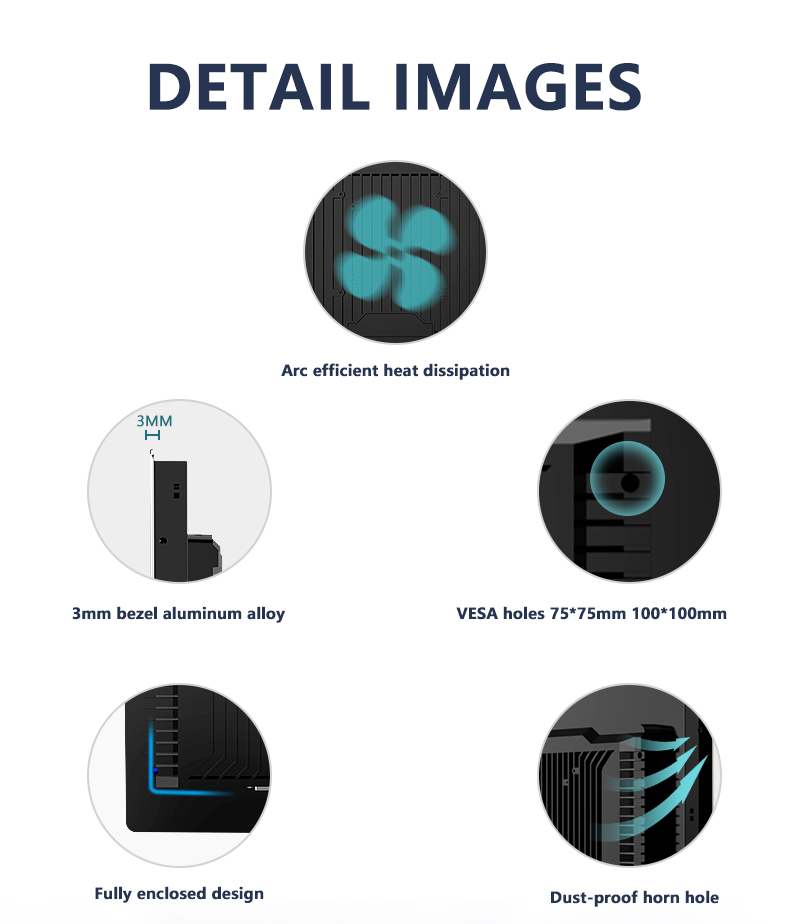 Industrial monitor features: VESA mount holes, aluminum alloy bezel, and cooling design.
