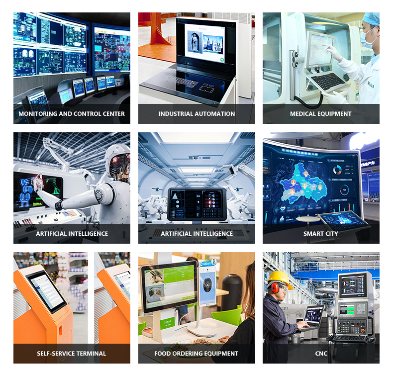 Industrial touch monitor applications: Medical, CNC, AI, and self-service terminals.