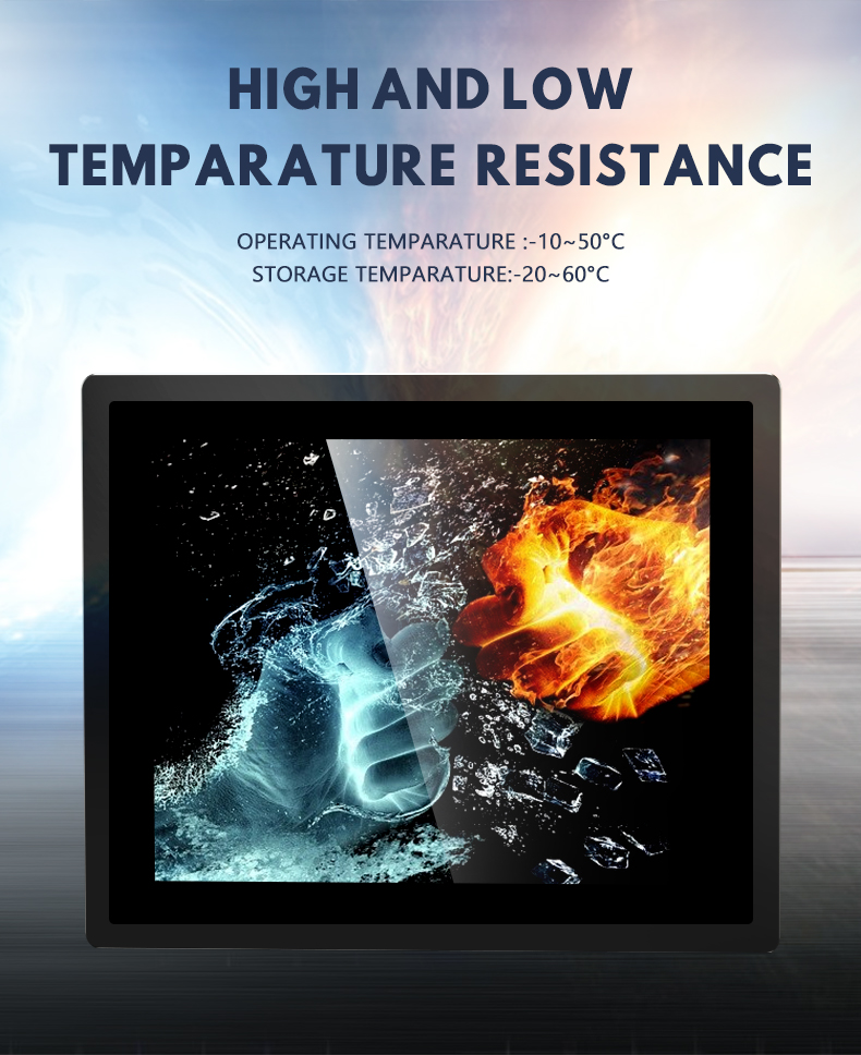 Rugged industrial monitor with -10°C to 50°C wide operating temperature.
