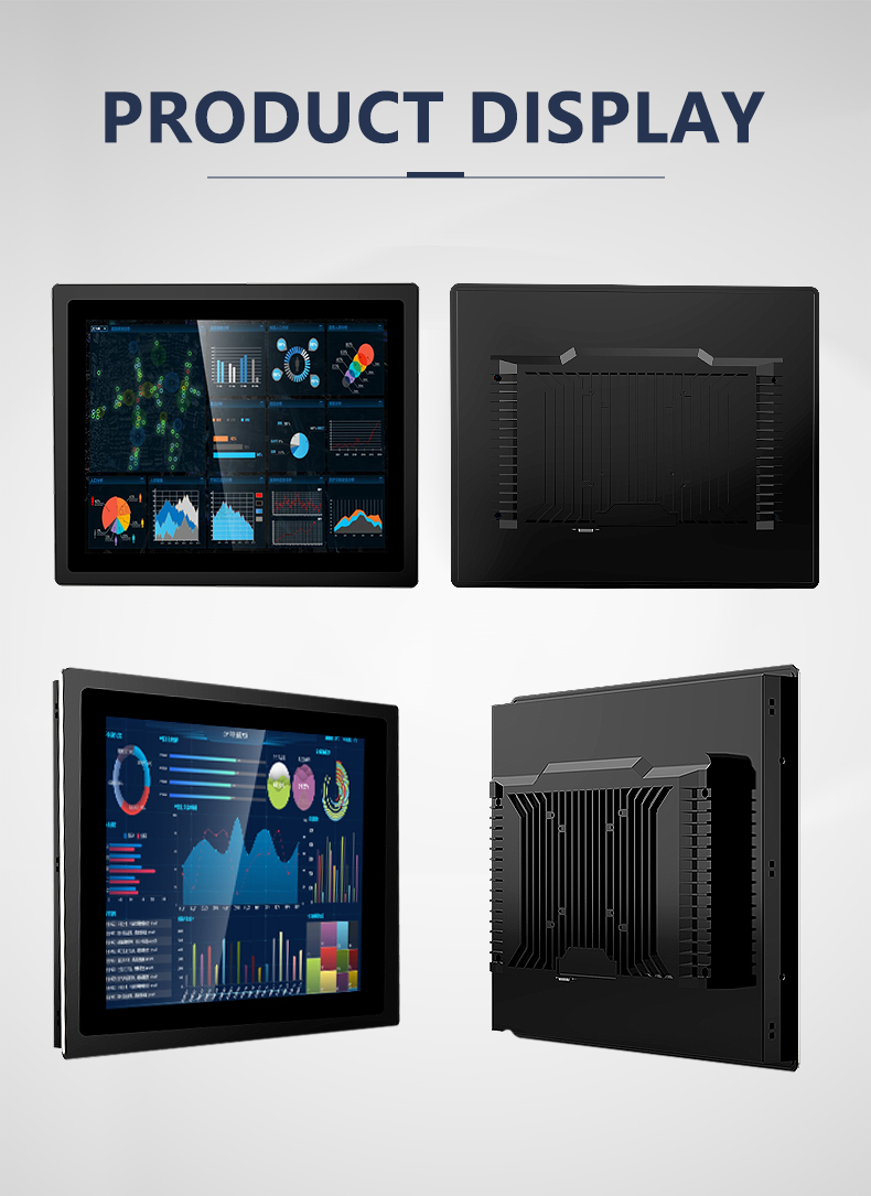 Front and rear views of a slim bezel industrial touch screen monitor.