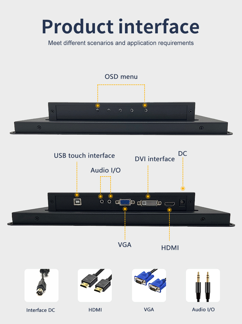 Industrial monitor I/O ports: HDMI, VGA, DVI, and USB touch interface.