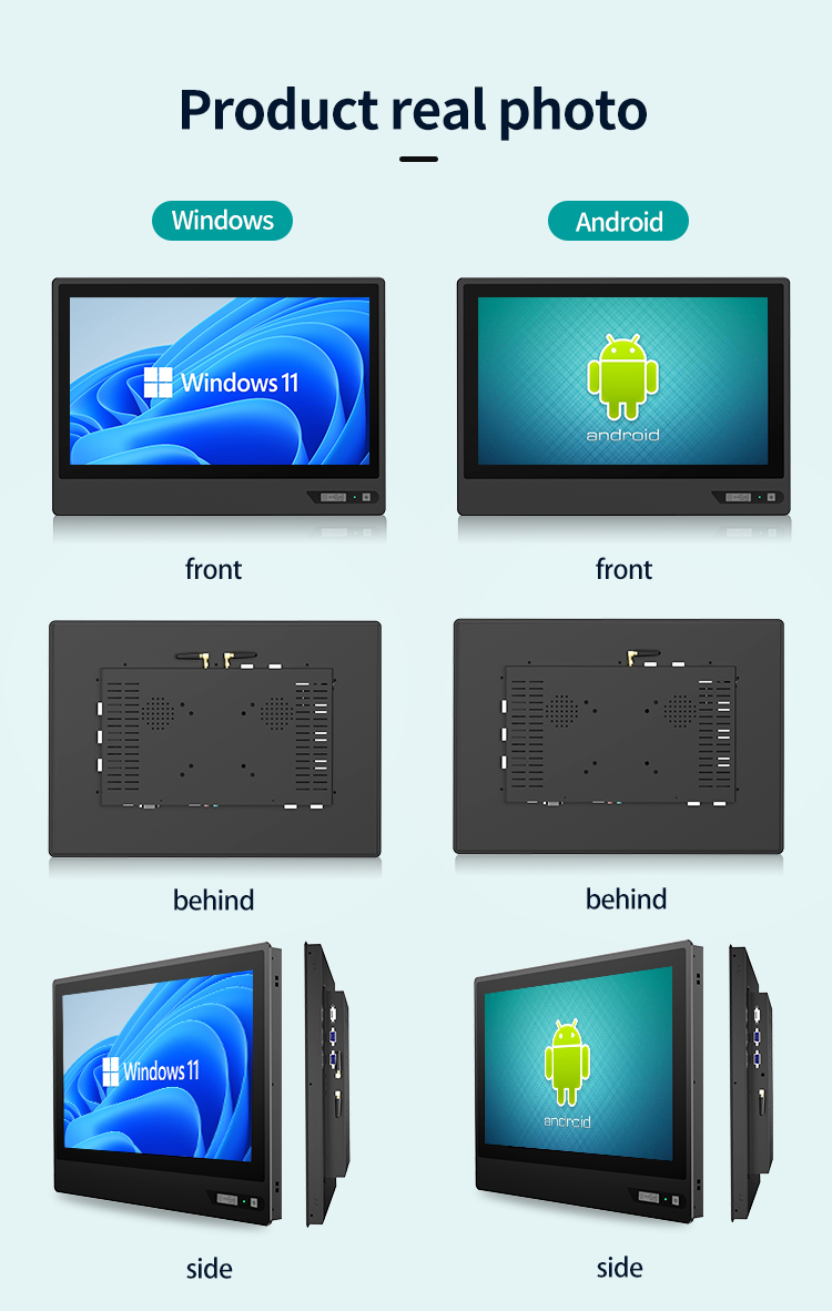 Real product photos of industrial touch panel PC showing Windows and Android OS versions in multi-angle views.