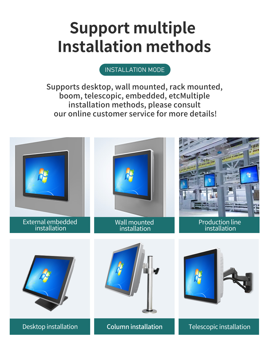 Multiple mounting solutions for industrial PC: Embedded, VESA, and Wall-mount support.