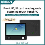 10.1 to 21.5 inch industrial touch panel PC with integrated front IC/ID card reader and QR code scanner for secure access control and self-service kiosks.
