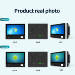 Real product photos showing front, back, and side views of a slim 12.1-inch industrial touch panel PC for embedded mounting in Windows and Android versions.