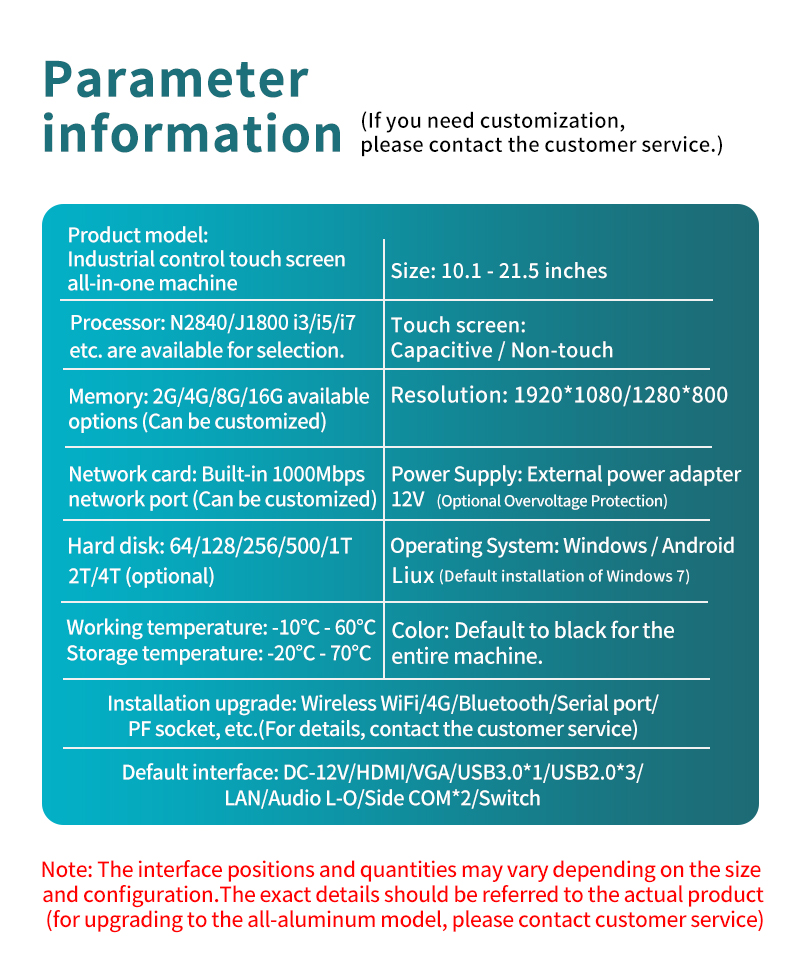 Technical specification sheet for 10.1 to 21.5 inch industrial all-in-one PCs featuring capacitive touch and IP65-rated front panels.