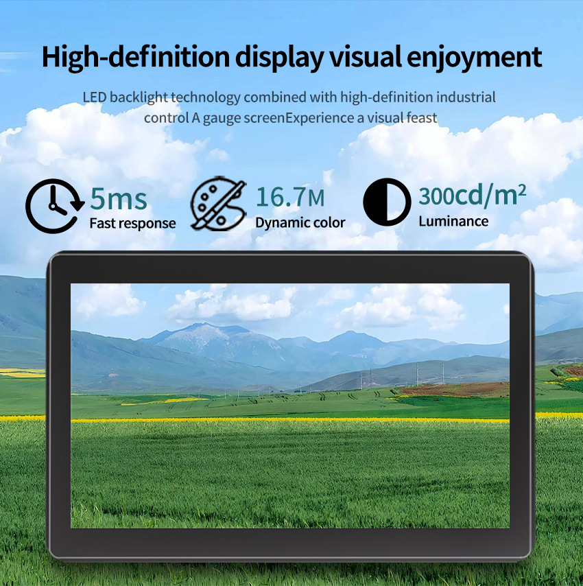 G2A Series Industrial Touch Panel PC with high-definition LED display – 5ms fast response, 16.7M dynamic colors, and 300cd/m² brightness for industrial use