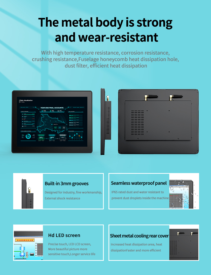 G2A Series Industrial Touch Panel PC metal body with IP65 waterproof panel, LED screen, and honeycomb heat dissipation design