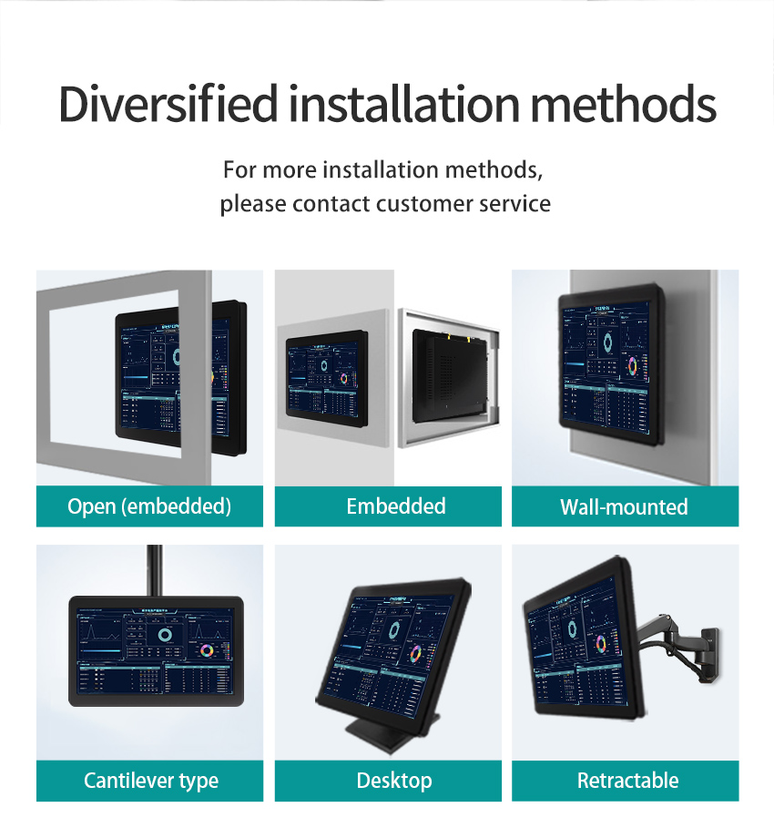 G2A Series Industrial Touch Panel PC versatile installation methods – embedded, wall-mounted, desktop, and cantilever options available