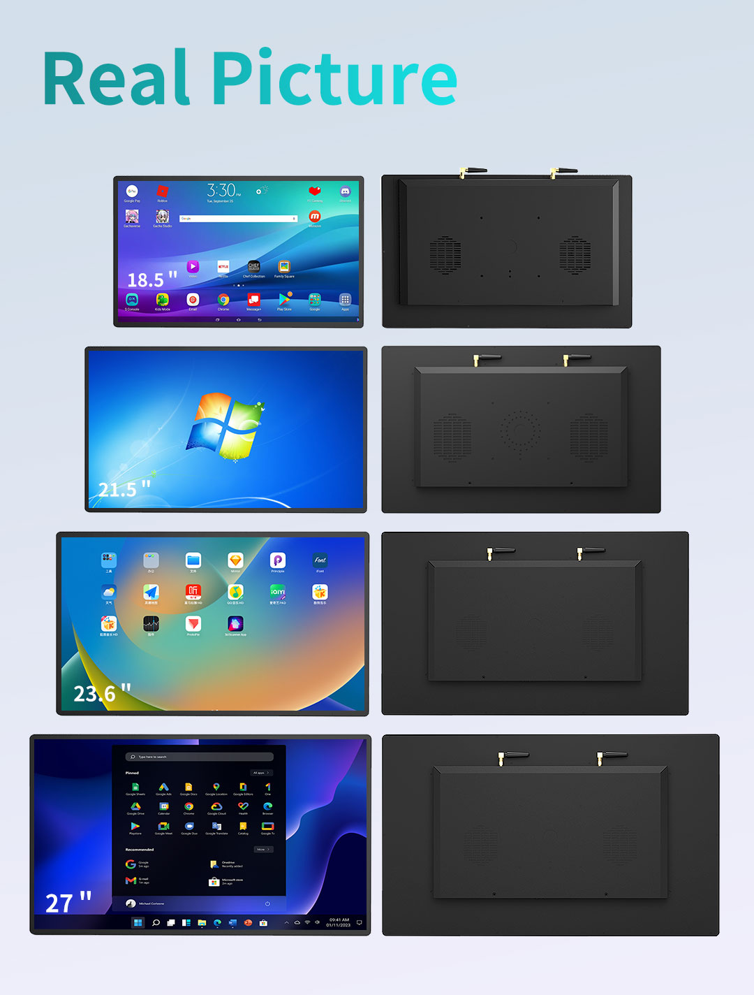 G3A Series Industrial Touch Panel PC real product view in multiple sizes – 18.5 inch, 21.5 inch, and 23.6 inch models