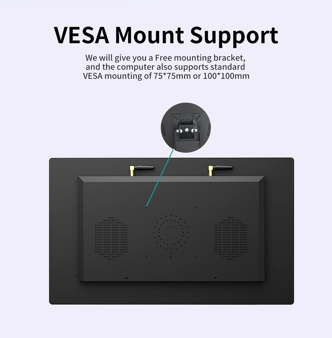 G3A Series Industrial Touch Panel PC with VESA mount support – compatible with 75x75mm and 100x100mm standards, includes free mounting bracket