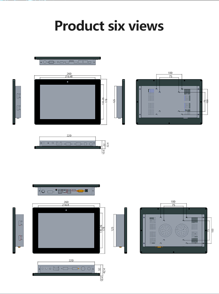 G3A-BS101-WCB Series Industrial Panel PC product six views with dimensions – detailed mechanical drawings for installation planning
