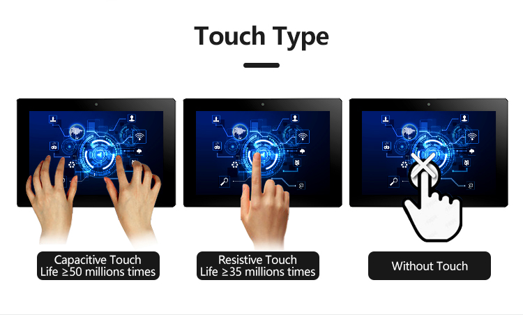 G3A-BS101-WCB Series Industrial Panel PC touch options – capacitive touch with 50 million clicks life, resistive touch with 35 million clicks life, or non-touch version