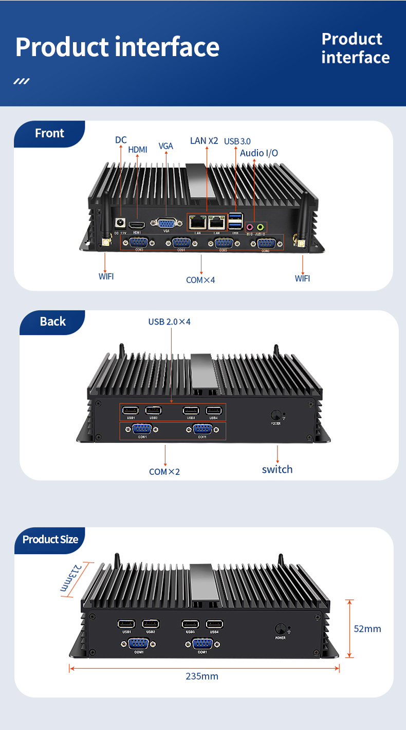 K1 Series Industrial Mini PC product interface and dimensions – front and rear ports including DC, HDMI, VGA, dual LAN, USB 3.0, audio, and COM ports, product size 52mm x 235mm