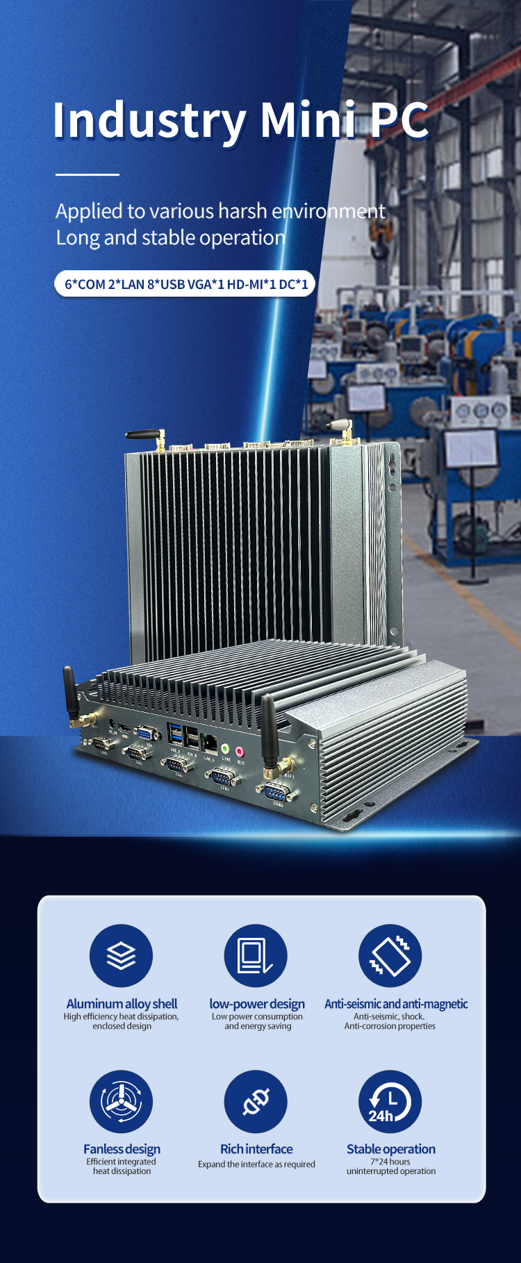 K2 Series Industrial Mini PC – aluminum alloy shell, fanless design, low power consumption, 6 COM ports, 2 LAN ports, 8 USB ports, and 7/24 stable operation for harsh environments