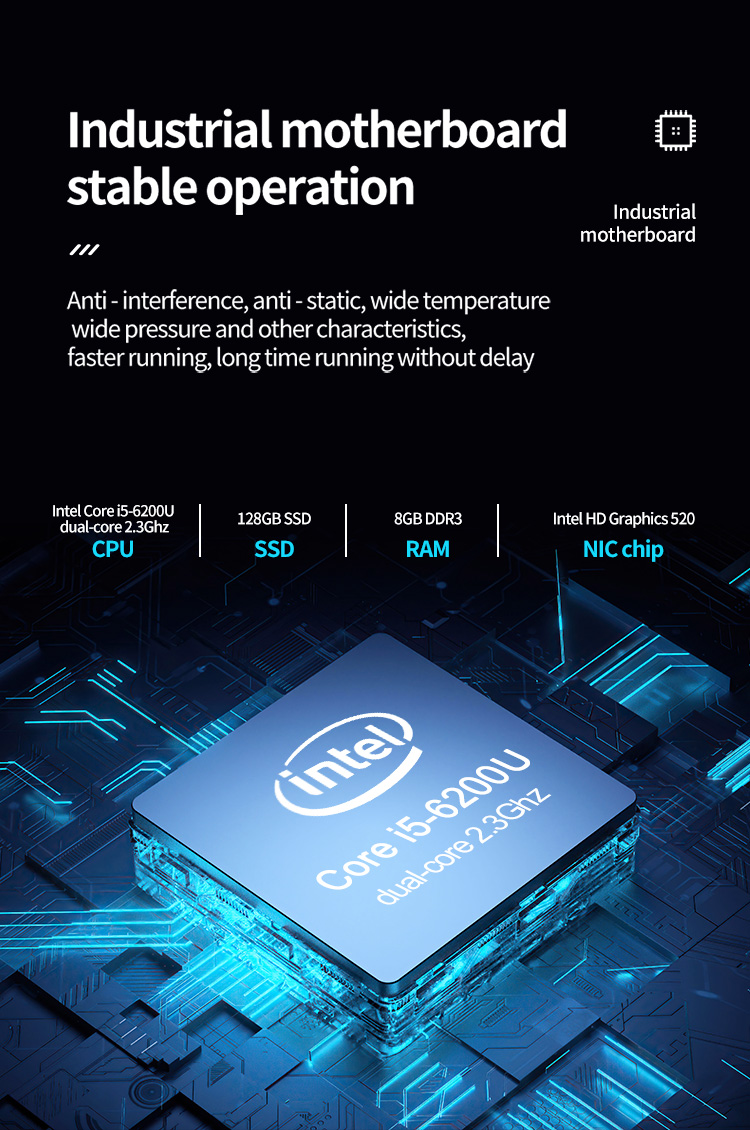 K2 Series Industrial Mini PC with industrial motherboard Intel Core i5-6200U – 8GB DDR3 RAM, 128GB SSD, anti-static and wide temperature for long-term stable performance