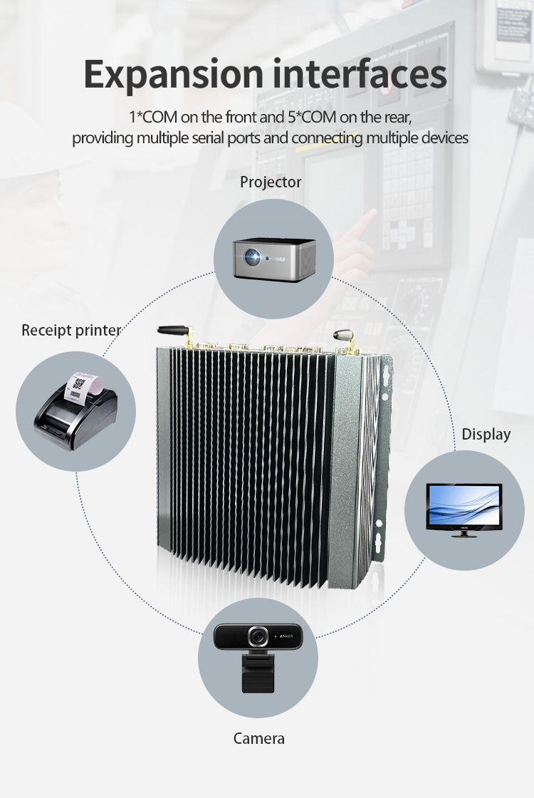 K2 Series Industrial Mini PC expansion interfaces – 1 COM port on front and 5 COM ports on rear for connecting projectors, printers, displays, and cameras