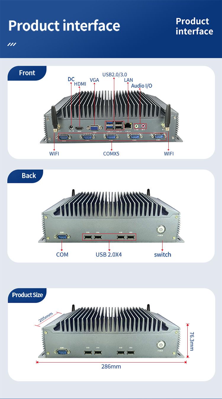 K2 Series Industrial Mini PC product interface and dimensions – front ports include DC, HDMI, VGA, USB, LAN, audio; rear ports include COM and USB 2.0; product size 286mm x 205mm x 76.3mm