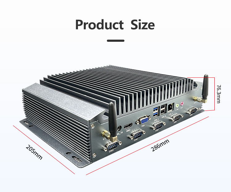 K2 Series Industrial Mini PC product dimensions – 286mm in length, 205mm in width, 76.3mm in height for space-efficient installation