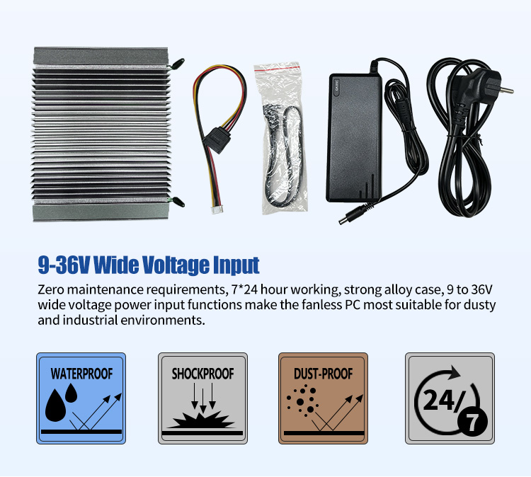 K2 Series Industrial Mini PC wide voltage input 9-36V – waterproof, shockproof, dustproof design for dusty and harsh industrial environments