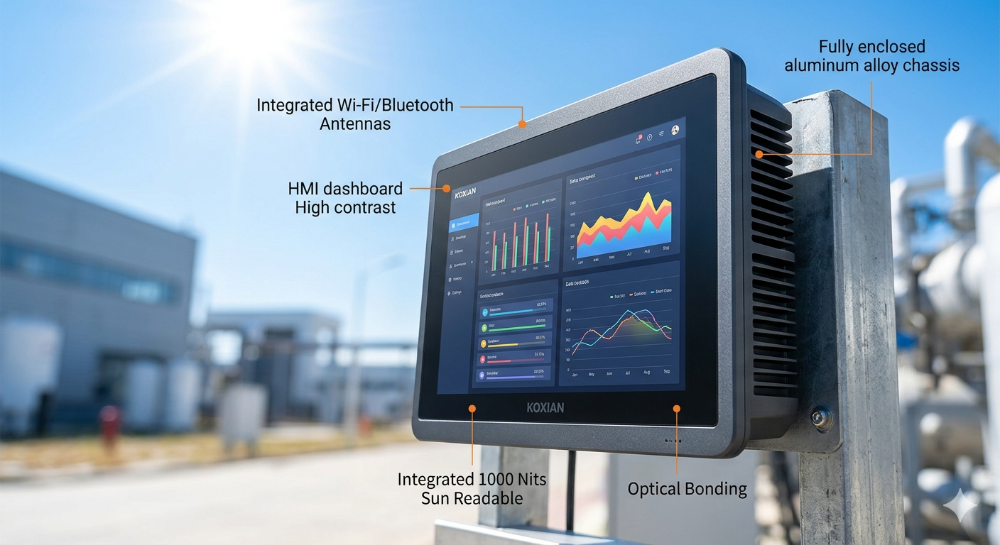 Outdoor 1000 nits high brightness KOXIAN industrial PC with fanless aluminum chassis for thermal management.